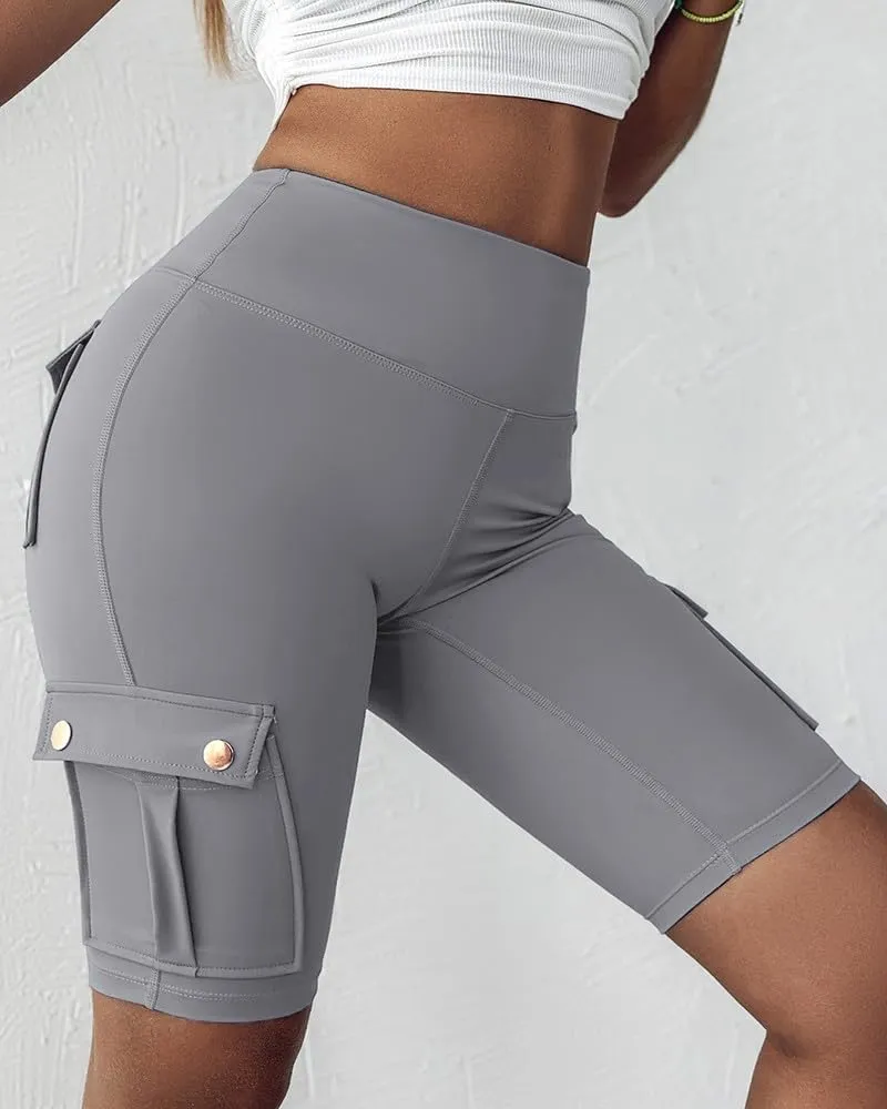 Kubbon Womens Workout Shorts High Waist Butt Lifting Yoga Shorts Tummy Control Leggings Gym Biker Cargo Shorts Flap Pockets