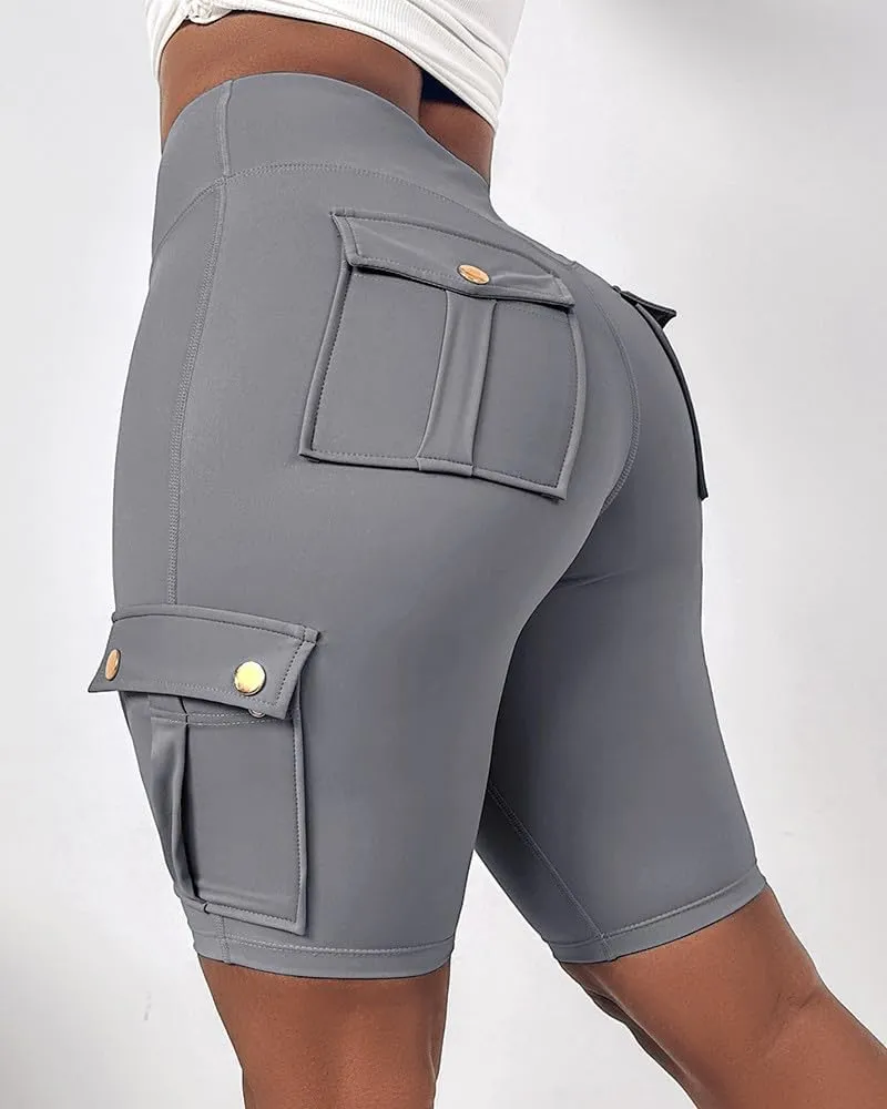 Kubbon Womens Workout Shorts High Waist Butt Lifting Yoga Shorts Tummy Control Leggings Gym Biker Cargo Shorts Flap Pockets