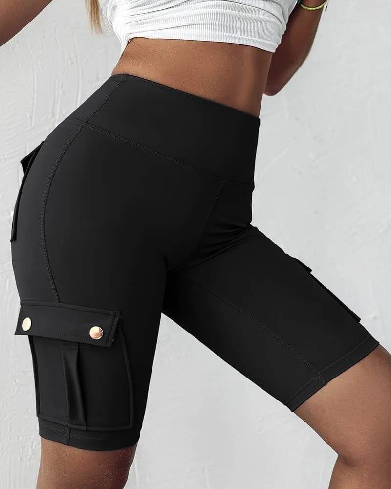Kubbon Womens Workout Shorts High Waist Butt Lifting Yoga Shorts Tummy Control Leggings Gym Biker Cargo Shorts Flap Pockets