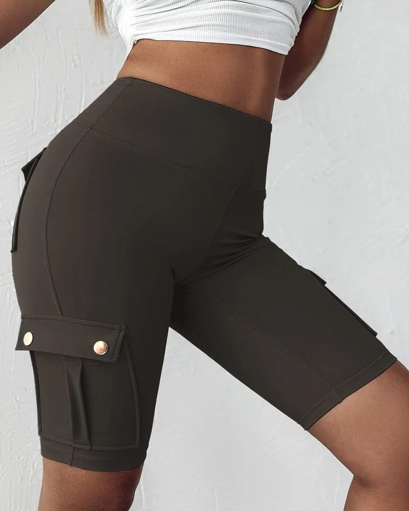 Kubbon Womens Workout Shorts High Waist Butt Lifting Yoga Shorts Tummy Control Leggings Gym Biker Cargo Shorts Flap Pockets