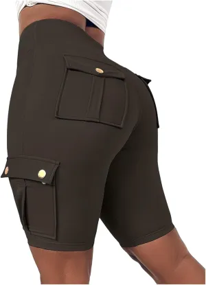 Kubbon Womens Workout Shorts High Waist Butt Lifting Yoga Shorts Tummy Control Leggings Gym Biker Cargo Shorts Flap Pockets