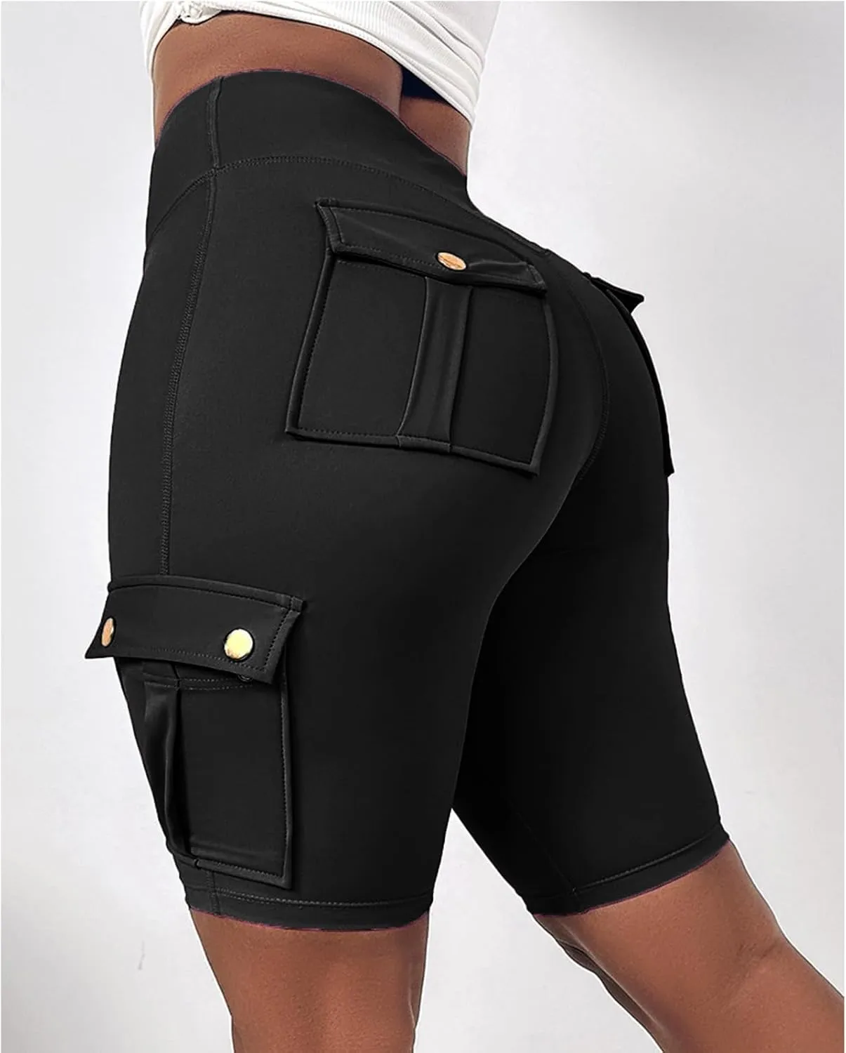 Kubbon Womens Workout Shorts High Waist Butt Lifting Yoga Shorts Tummy Control Leggings Gym Biker Cargo Shorts Flap Pockets