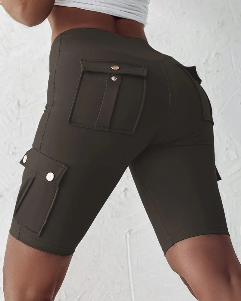 Kubbon Womens Workout Shorts High Waist Butt Lifting Yoga Shorts Tummy Control Leggings Gym Biker Cargo Shorts Flap Pockets