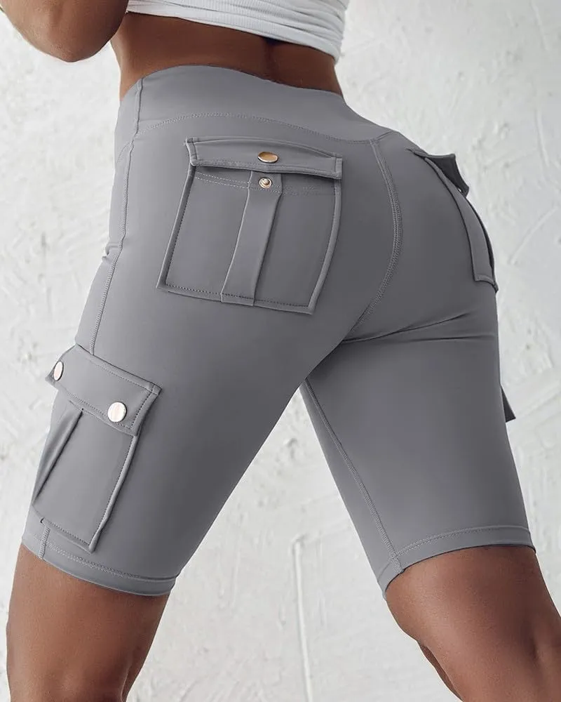 Kubbon Womens Workout Shorts High Waist Butt Lifting Yoga Shorts Tummy Control Leggings Gym Biker Cargo Shorts Flap Pockets