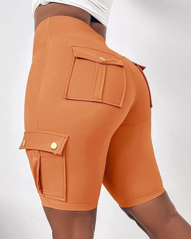 Kubbon Womens Workout Shorts High Waist Butt Lifting Yoga Shorts Tummy Control Leggings Gym Biker Cargo Shorts Flap Pockets
