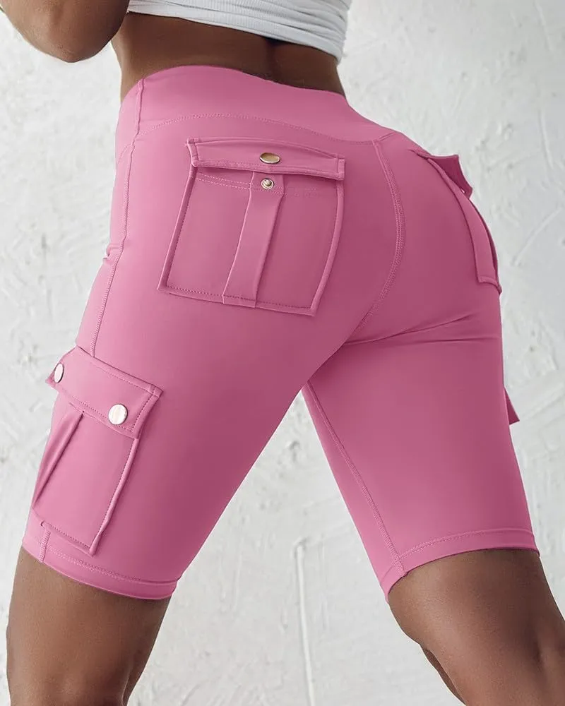 Kubbon Womens Workout Shorts High Waist Butt Lifting Yoga Shorts Tummy Control Leggings Gym Biker Cargo Shorts Flap Pockets