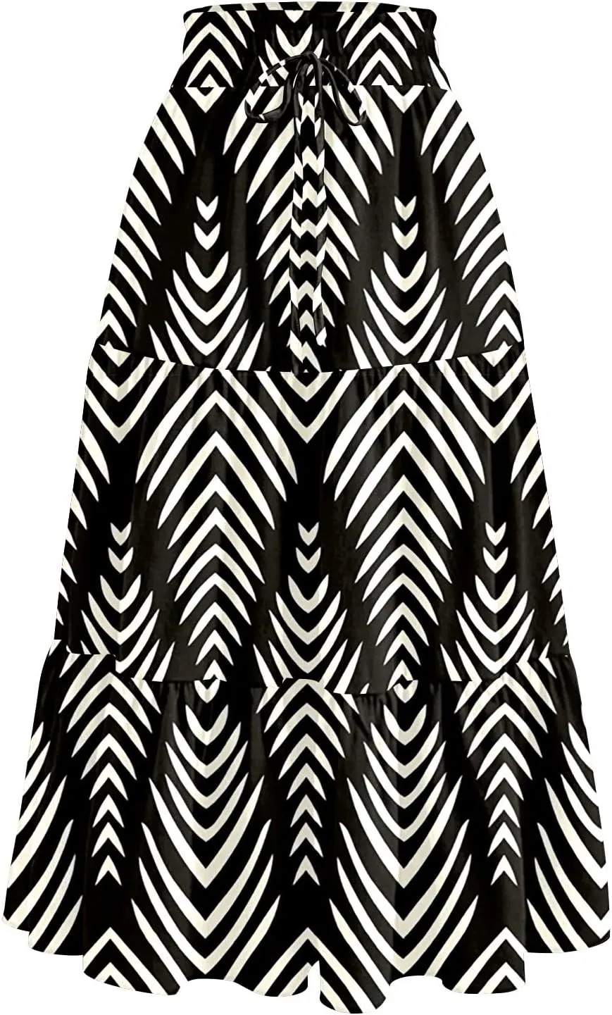 Ladies Skirts High Waist Flowy A-Line Maxi Skirt Long Bohemian Skirt Summer