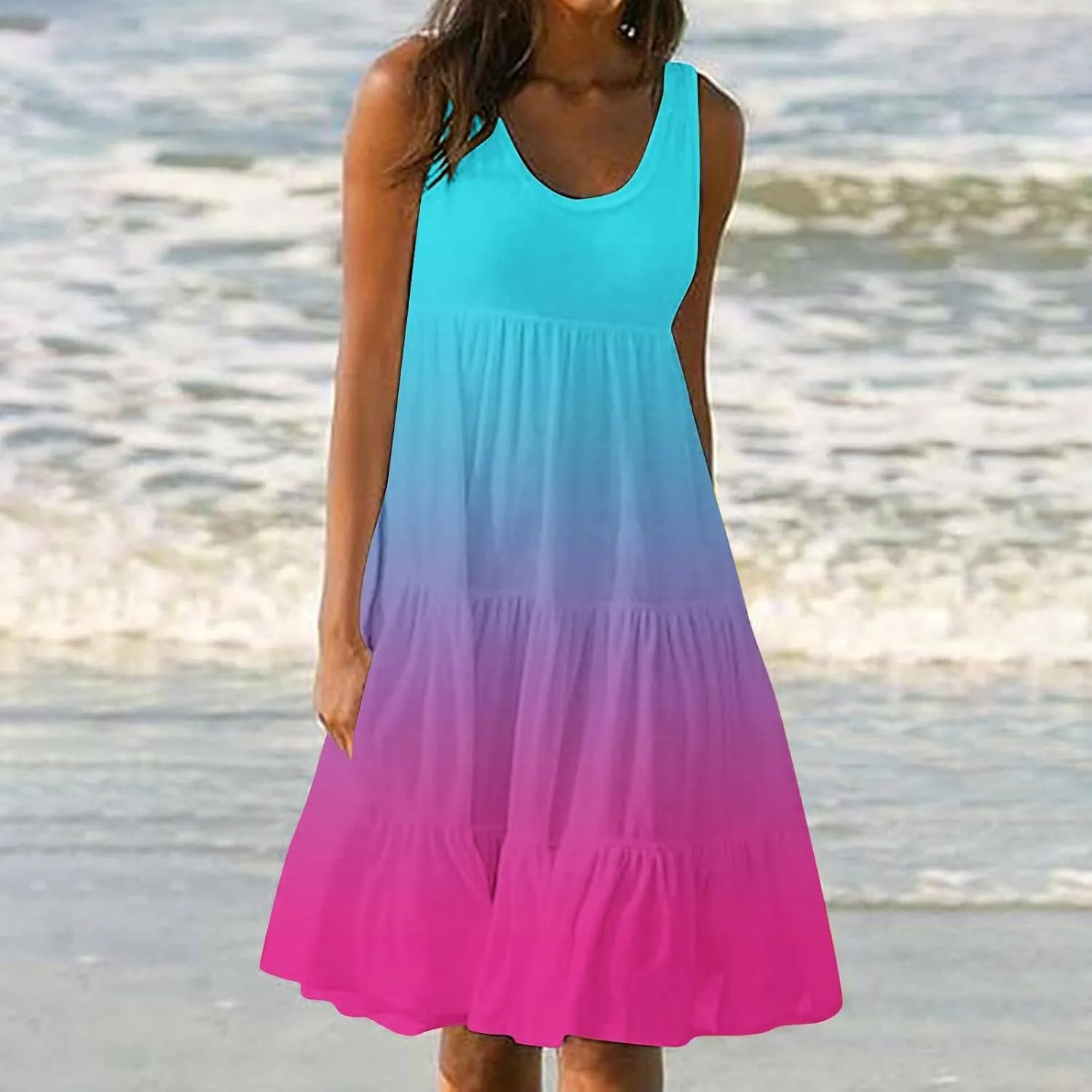 LEMONONSTORE Plus Size Tiered Sundress Women Sleeveless Tie Dye Summer Tank Dresses High Waist Casual Swing Beach Midi Dress