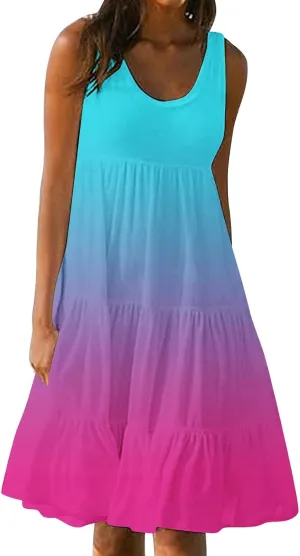 LEMONONSTORE Plus Size Tiered Sundress Women Sleeveless Tie Dye Summer Tank Dresses High Waist Casual Swing Beach Midi Dress