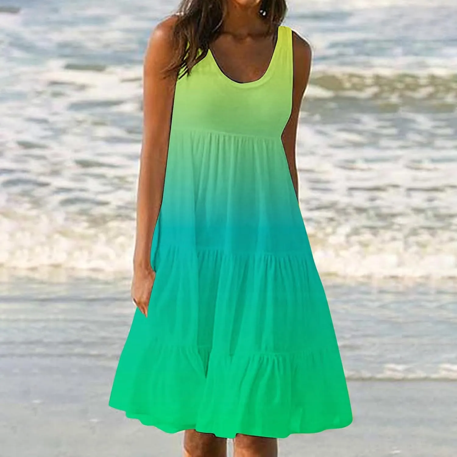 LEMONONSTORE Plus Size Tiered Sundress Women Sleeveless Tie Dye Summer Tank Dresses High Waist Casual Swing Beach Midi Dress