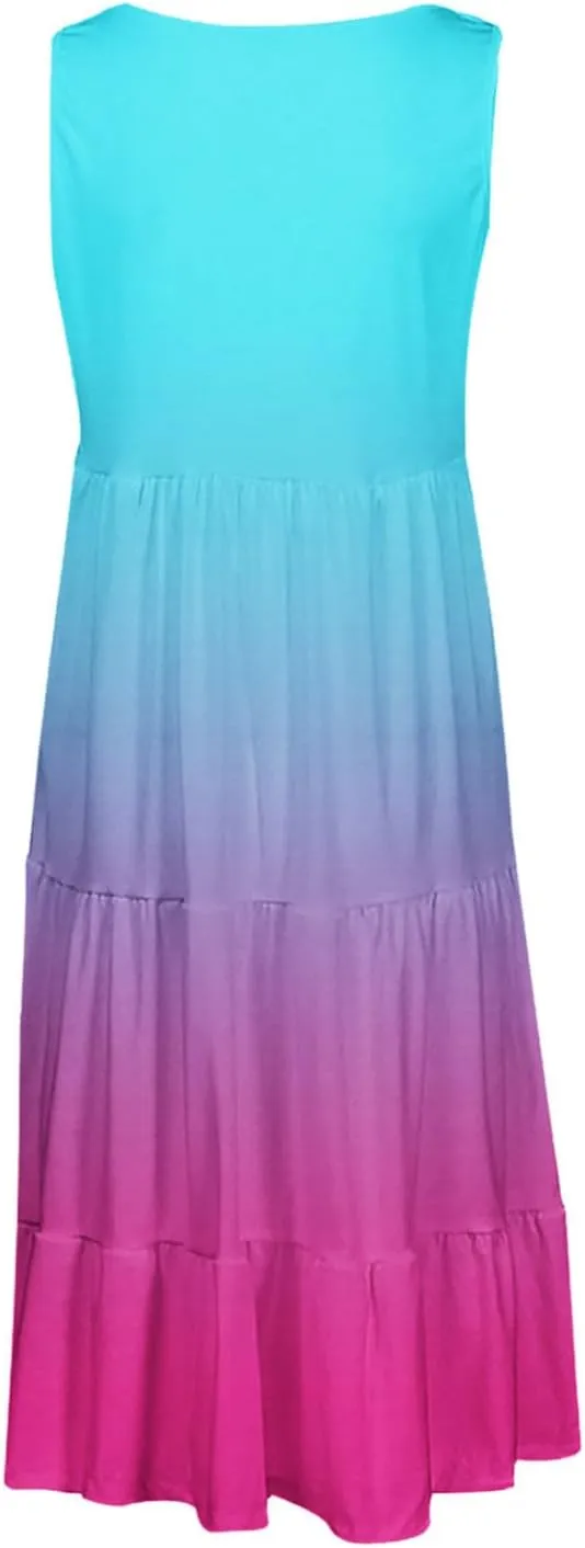 LEMONONSTORE Plus Size Tiered Sundress Women Sleeveless Tie Dye Summer Tank Dresses High Waist Casual Swing Beach Midi Dress