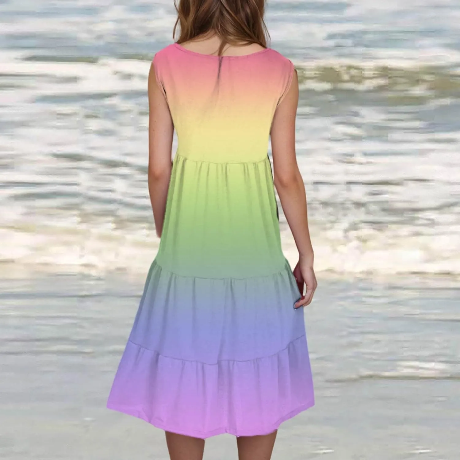 LEMONONSTORE Plus Size Tiered Sundress Women Sleeveless Tie Dye Summer Tank Dresses High Waist Casual Swing Beach Midi Dress