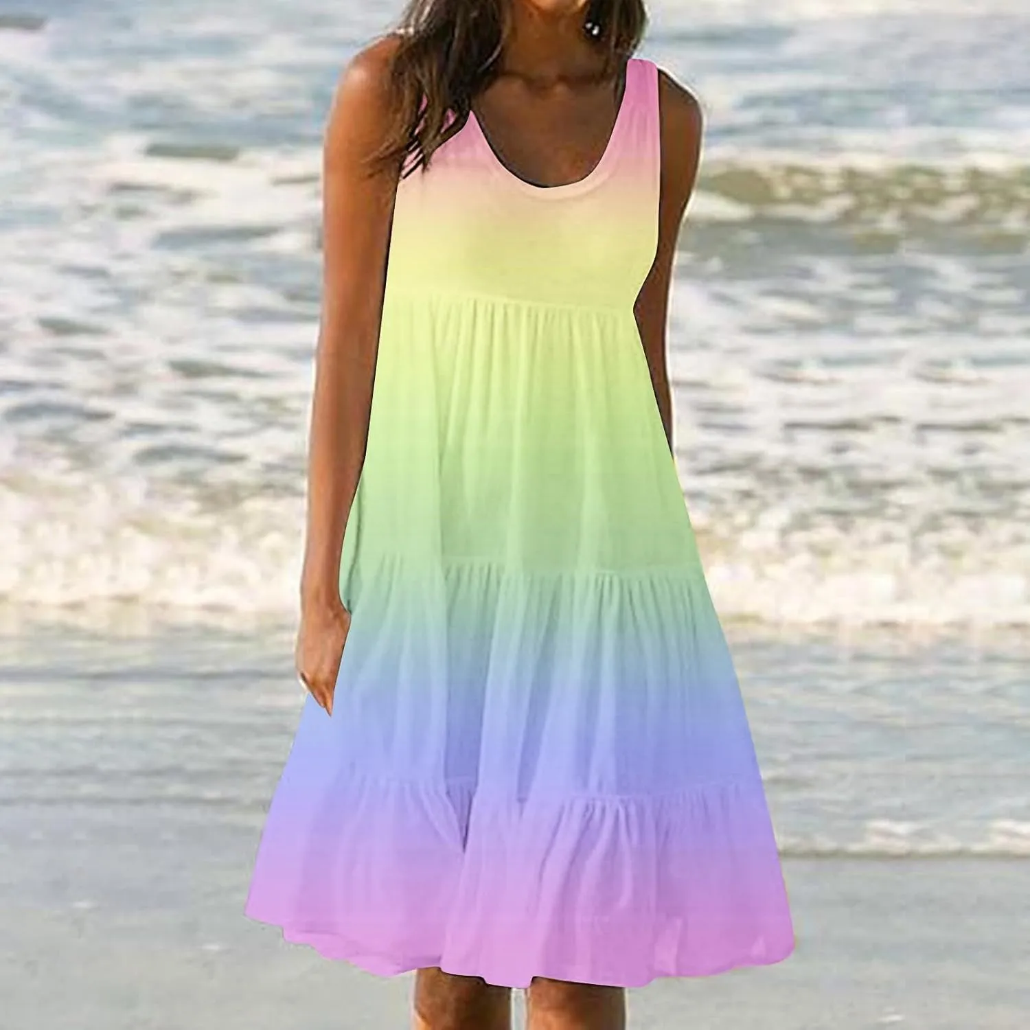 LEMONONSTORE Plus Size Tiered Sundress Women Sleeveless Tie Dye Summer Tank Dresses High Waist Casual Swing Beach Midi Dress