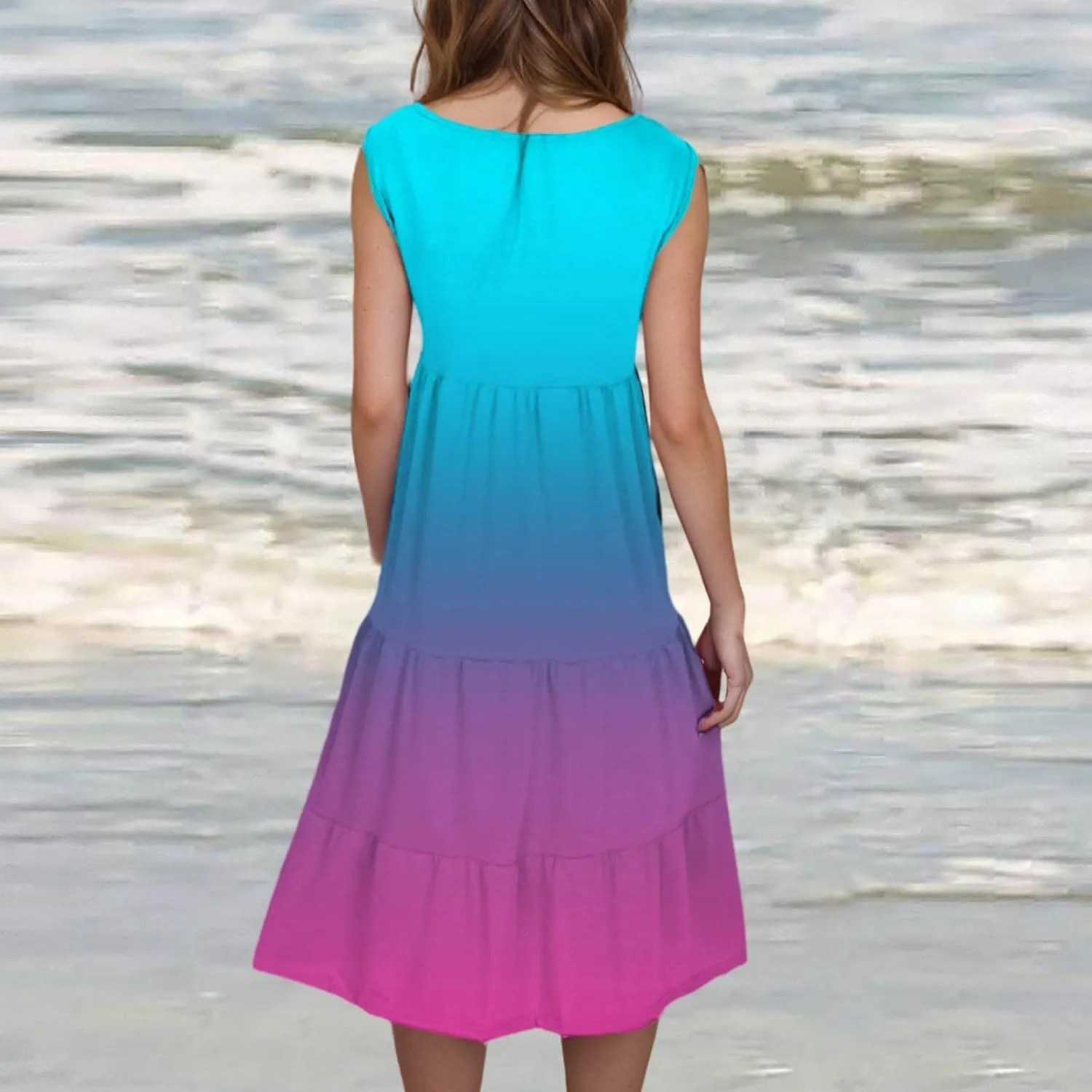 LEMONONSTORE Plus Size Tiered Sundress Women Sleeveless Tie Dye Summer Tank Dresses High Waist Casual Swing Beach Midi Dress