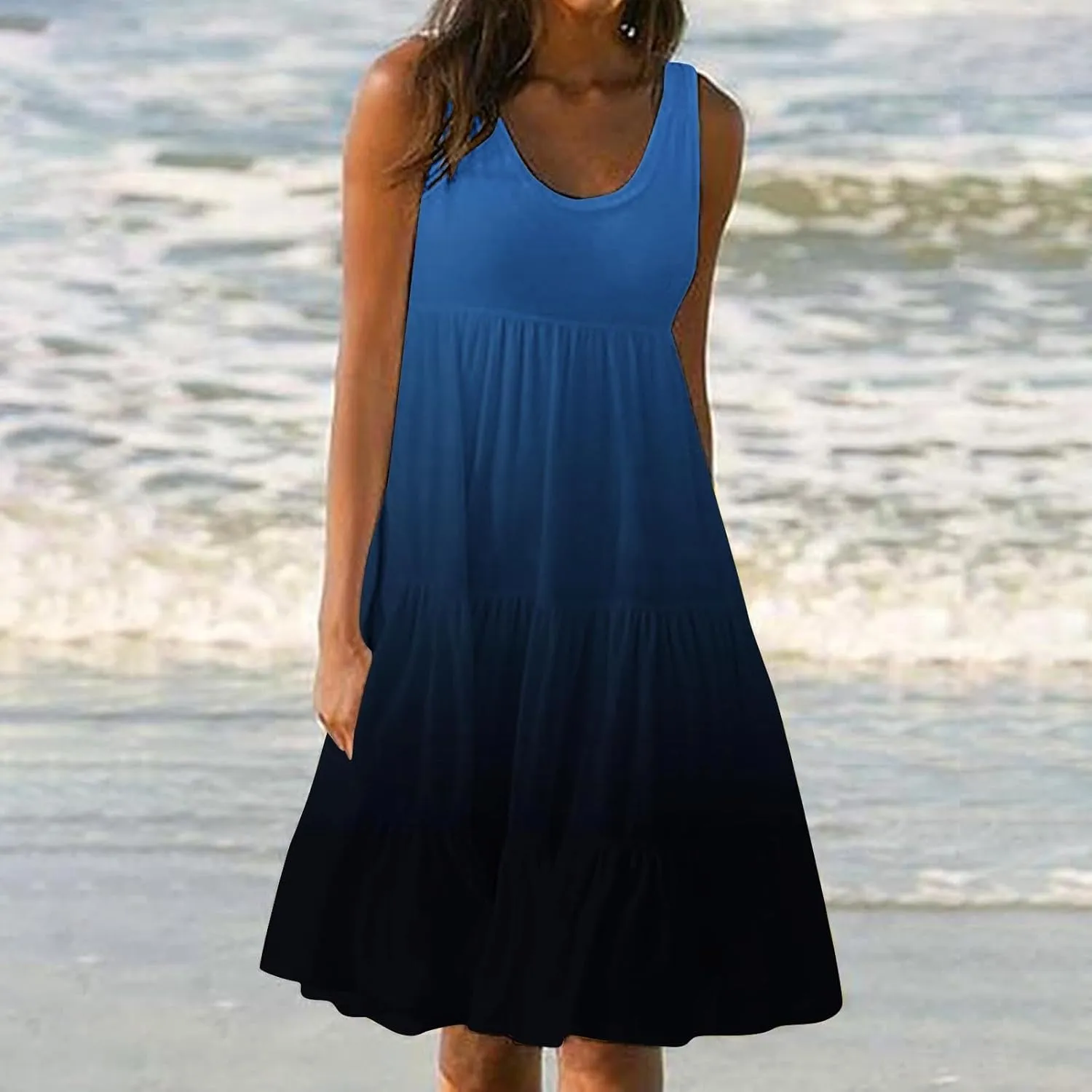 LEMONONSTORE Plus Size Tiered Sundress Women Sleeveless Tie Dye Summer Tank Dresses High Waist Casual Swing Beach Midi Dress