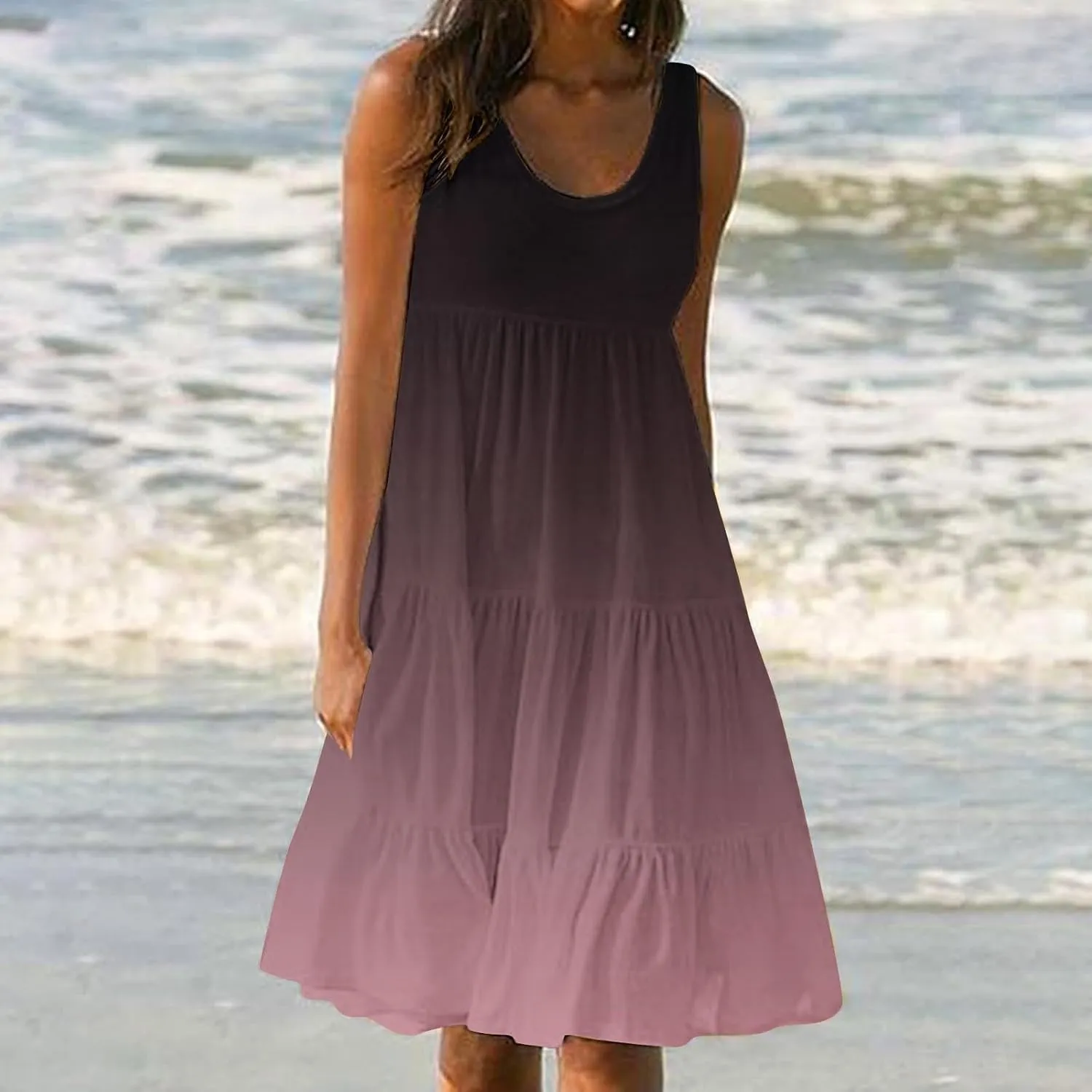 LEMONONSTORE Plus Size Tiered Sundress Women Sleeveless Tie Dye Summer Tank Dresses High Waist Casual Swing Beach Midi Dress