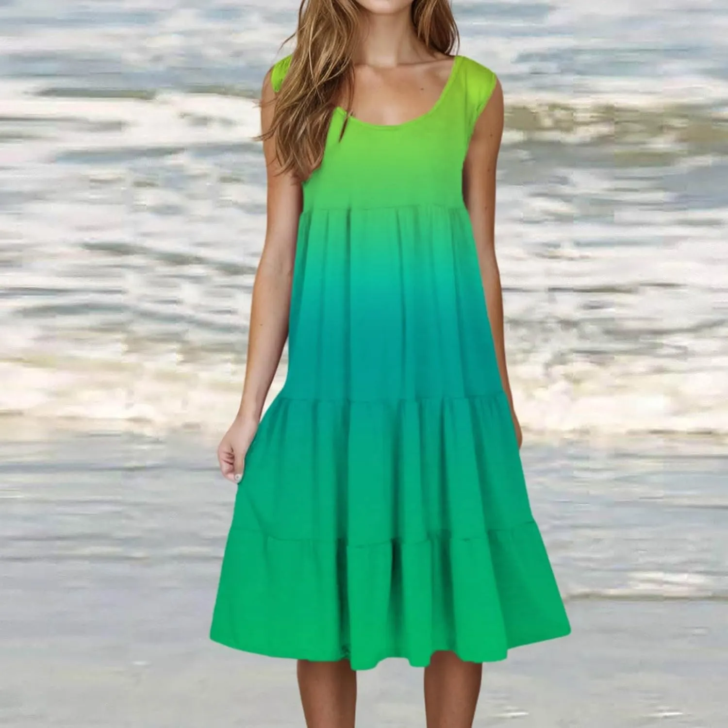 LEMONONSTORE Plus Size Tiered Sundress Women Sleeveless Tie Dye Summer Tank Dresses High Waist Casual Swing Beach Midi Dress