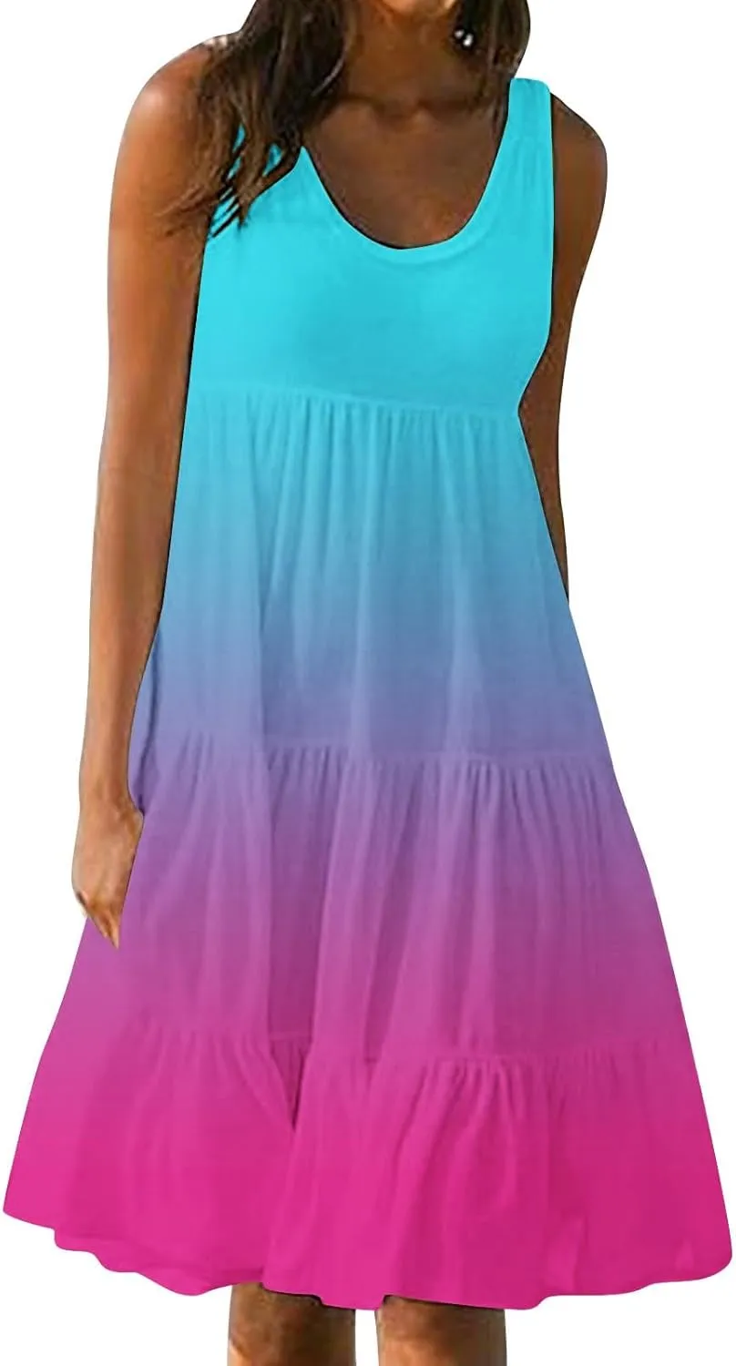 LEMONONSTORE Plus Size Tiered Sundress Women Sleeveless Tie Dye Summer Tank Dresses High Waist Casual Swing Beach Midi Dress