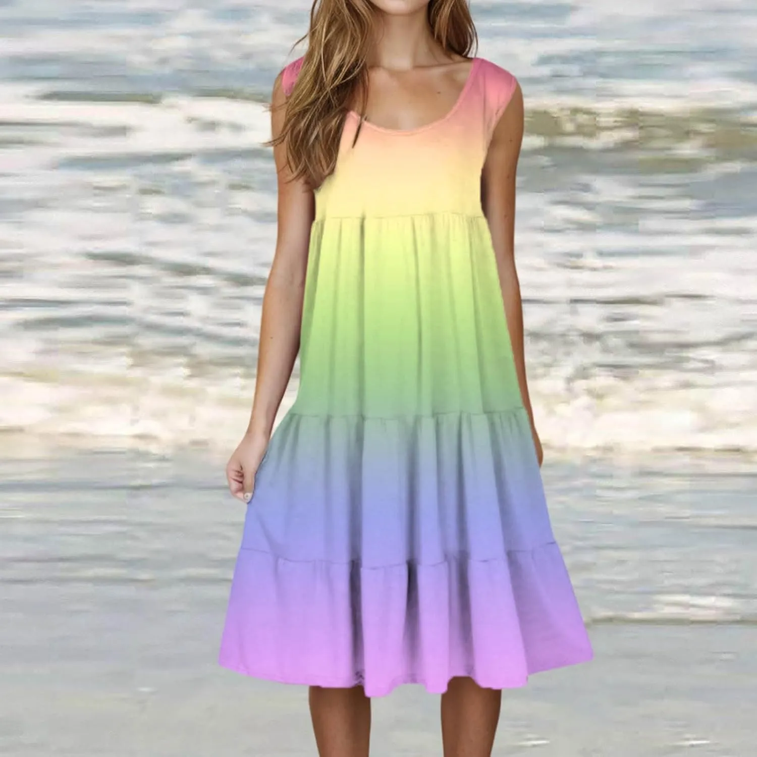 LEMONONSTORE Plus Size Tiered Sundress Women Sleeveless Tie Dye Summer Tank Dresses High Waist Casual Swing Beach Midi Dress