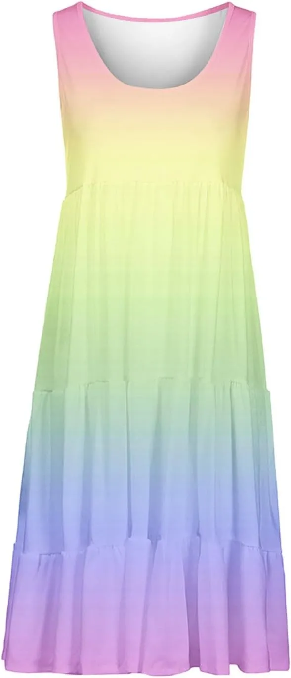 LEMONONSTORE Plus Size Tiered Sundress Women Sleeveless Tie Dye Summer Tank Dresses High Waist Casual Swing Beach Midi Dress