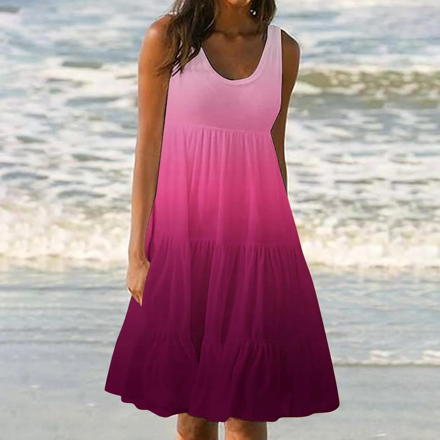 LEMONONSTORE Plus Size Tiered Sundress Women Sleeveless Tie Dye Summer Tank Dresses High Waist Casual Swing Beach Midi Dress