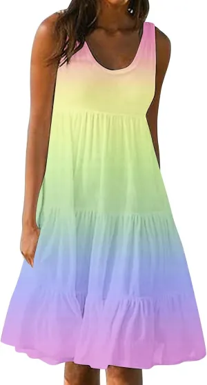 LEMONONSTORE Plus Size Tiered Sundress Women Sleeveless Tie Dye Summer Tank Dresses High Waist Casual Swing Beach Midi Dress