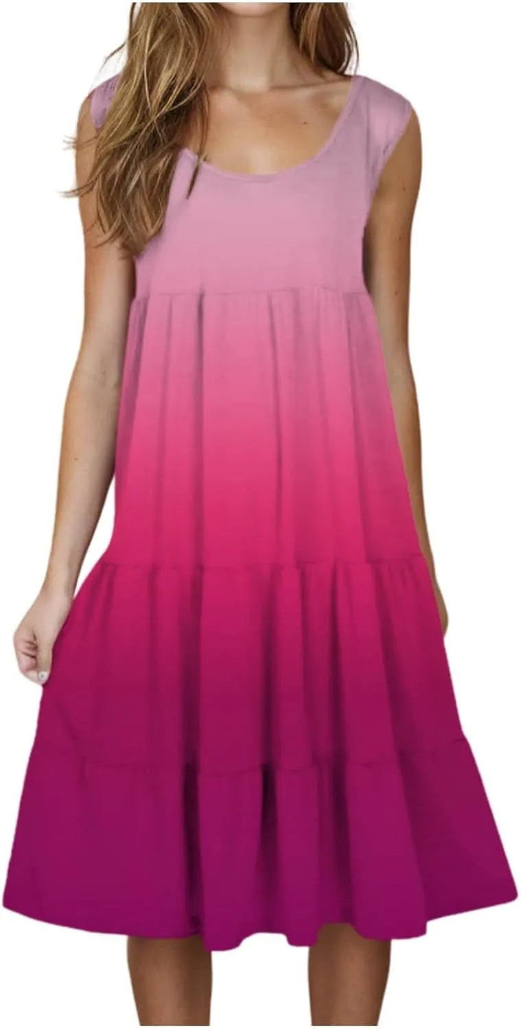 LEMONONSTORE Plus Size Tiered Sundress Women Sleeveless Tie Dye Summer Tank Dresses High Waist Casual Swing Beach Midi Dress
