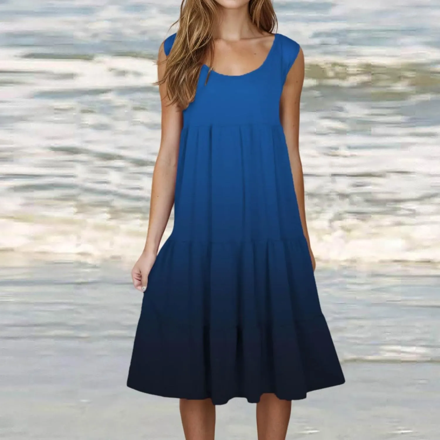 LEMONONSTORE Plus Size Tiered Sundress Women Sleeveless Tie Dye Summer Tank Dresses High Waist Casual Swing Beach Midi Dress