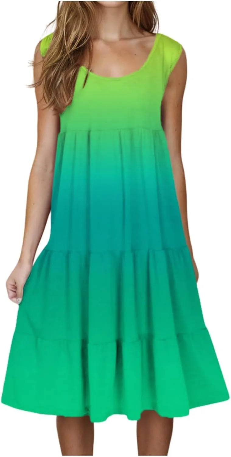 LEMONONSTORE Plus Size Tiered Sundress Women Sleeveless Tie Dye Summer Tank Dresses High Waist Casual Swing Beach Midi Dress