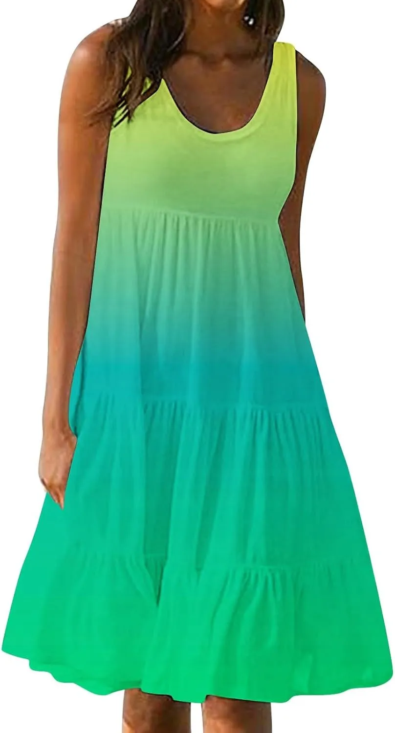 LEMONONSTORE Plus Size Tiered Sundress Women Sleeveless Tie Dye Summer Tank Dresses High Waist Casual Swing Beach Midi Dress