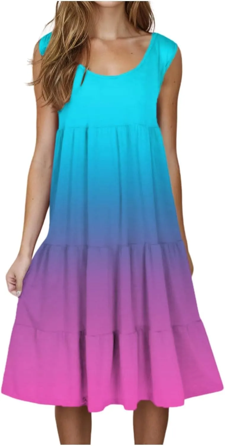 LEMONONSTORE Plus Size Tiered Sundress Women Sleeveless Tie Dye Summer Tank Dresses High Waist Casual Swing Beach Midi Dress