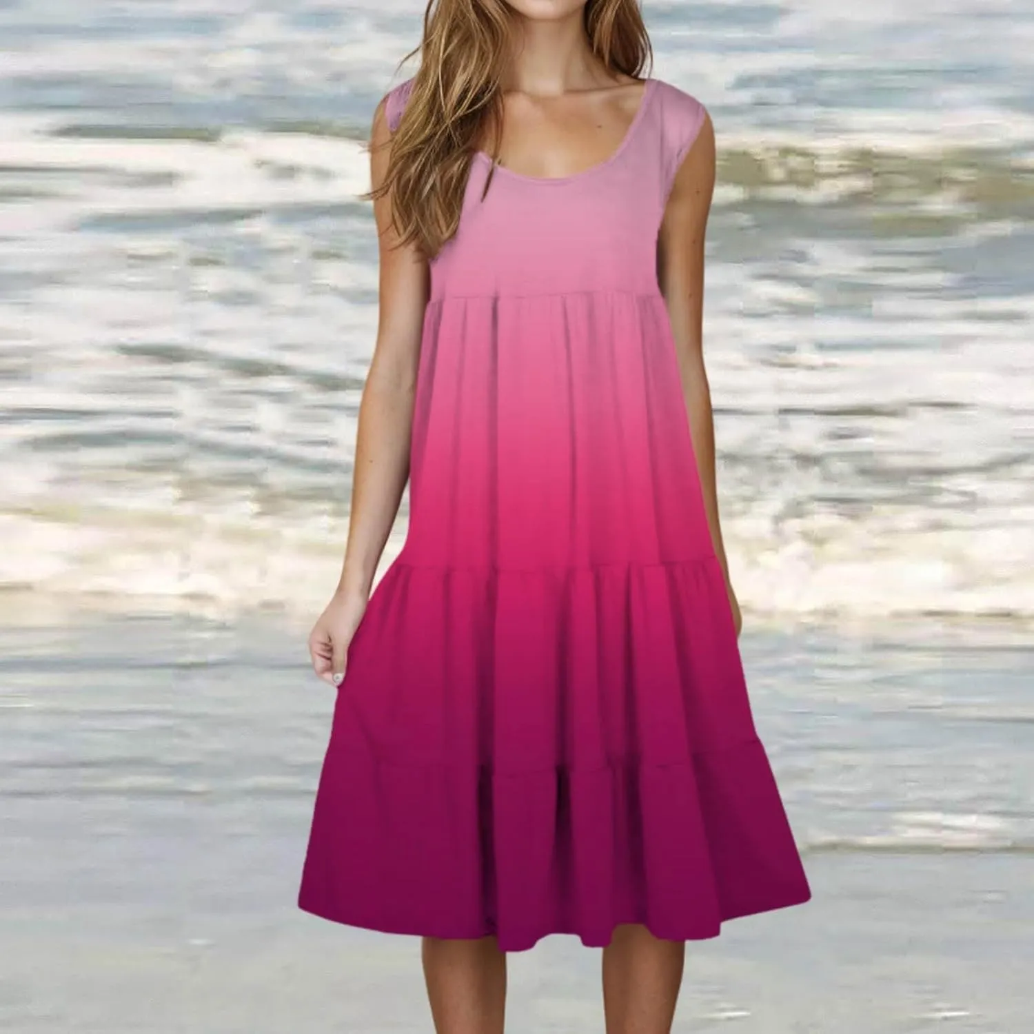 LEMONONSTORE Plus Size Tiered Sundress Women Sleeveless Tie Dye Summer Tank Dresses High Waist Casual Swing Beach Midi Dress