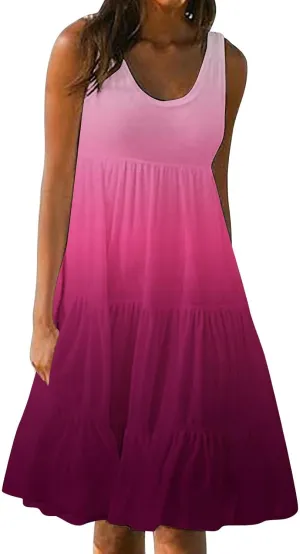 LEMONONSTORE Plus Size Tiered Sundress Women Sleeveless Tie Dye Summer Tank Dresses High Waist Casual Swing Beach Midi Dress