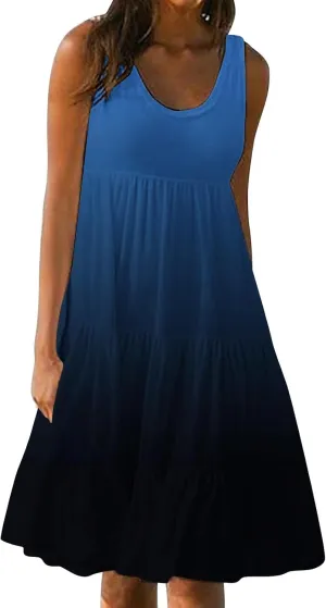 LEMONONSTORE Plus Size Tiered Sundress Women Sleeveless Tie Dye Summer Tank Dresses High Waist Casual Swing Beach Midi Dress