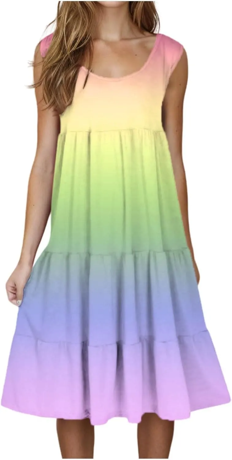 LEMONONSTORE Plus Size Tiered Sundress Women Sleeveless Tie Dye Summer Tank Dresses High Waist Casual Swing Beach Midi Dress