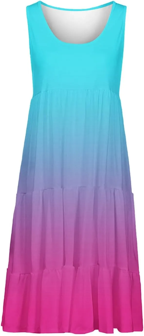 LEMONONSTORE Plus Size Tiered Sundress Women Sleeveless Tie Dye Summer Tank Dresses High Waist Casual Swing Beach Midi Dress