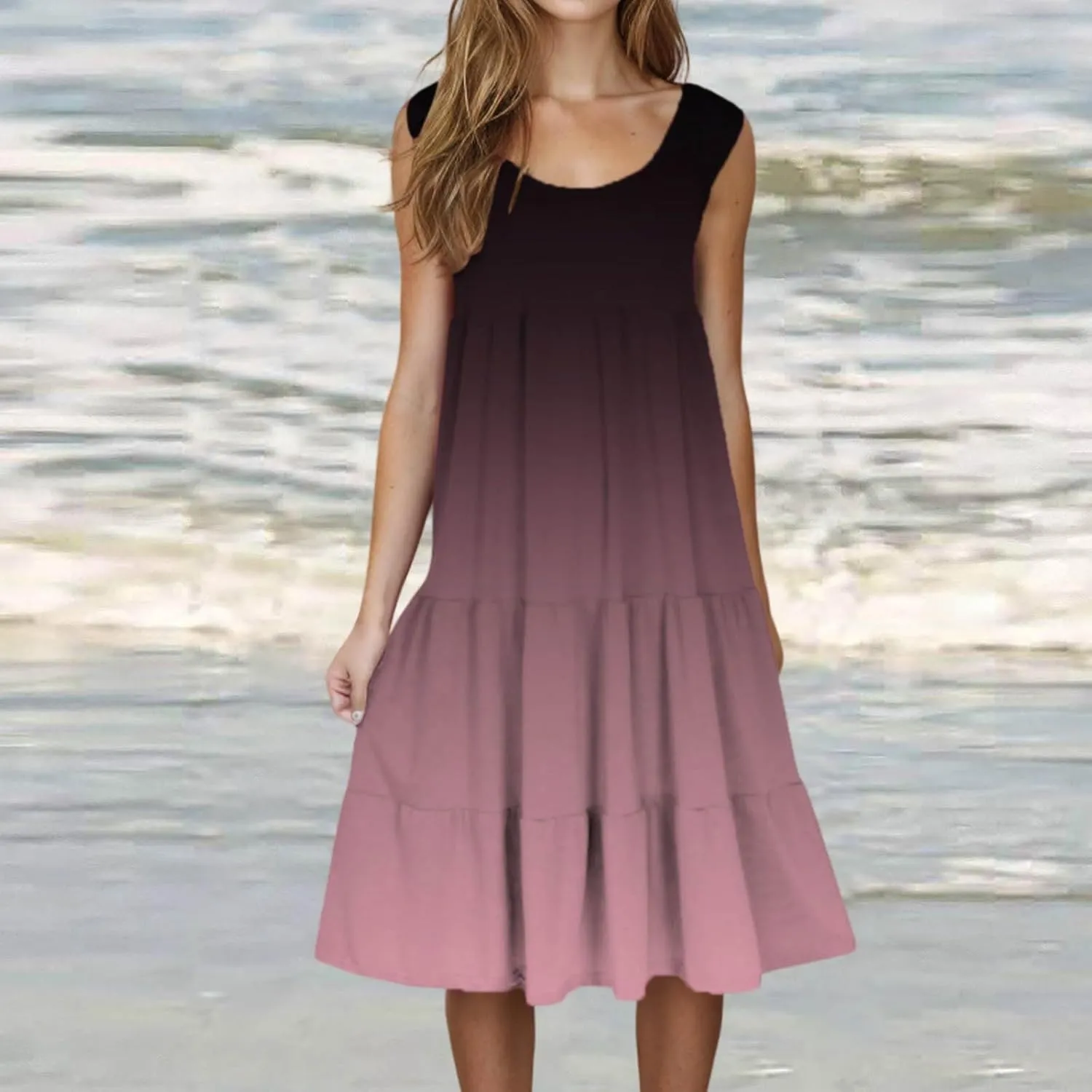 LEMONONSTORE Plus Size Tiered Sundress Women Sleeveless Tie Dye Summer Tank Dresses High Waist Casual Swing Beach Midi Dress