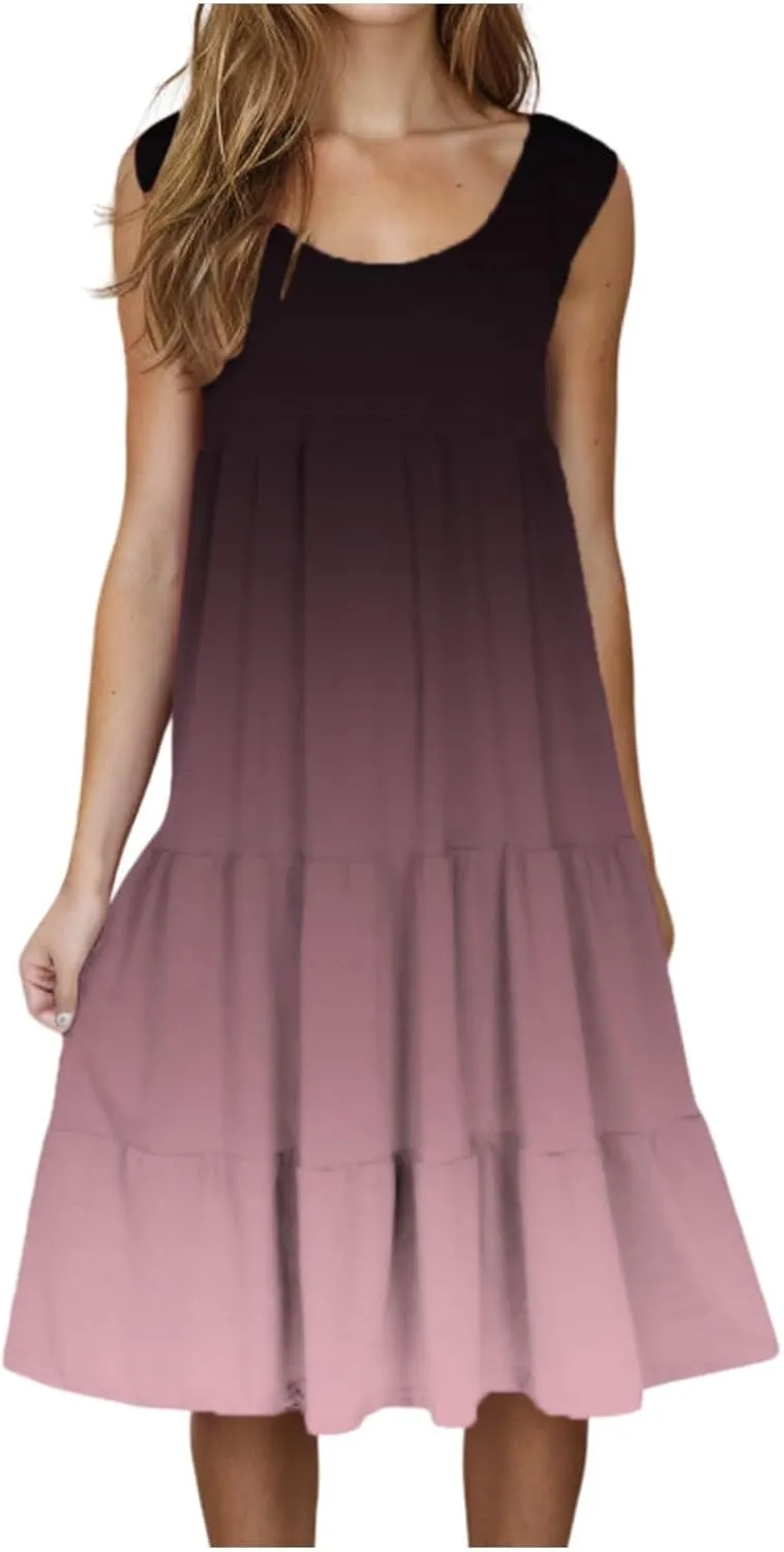 LEMONONSTORE Plus Size Tiered Sundress Women Sleeveless Tie Dye Summer Tank Dresses High Waist Casual Swing Beach Midi Dress