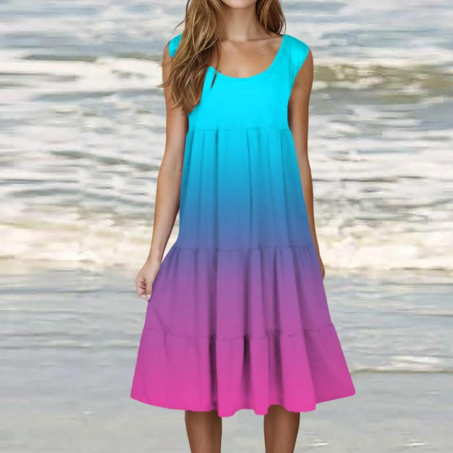 LEMONONSTORE Plus Size Tiered Sundress Women Sleeveless Tie Dye Summer Tank Dresses High Waist Casual Swing Beach Midi Dress