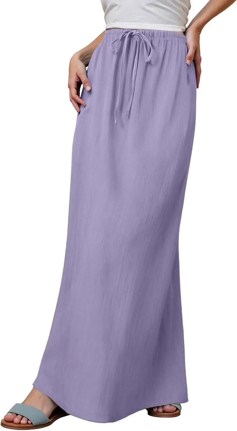 Linen Long Skirts for Women Summer Casual Flowy Skirts A Line Drawstring Waist Maxi Skirt Beach Vacation Skirt