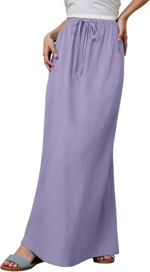 Linen Long Skirts for Women Summer Casual Flowy Skirts A Line Drawstring Waist Maxi Skirt Beach Vacation Skirt