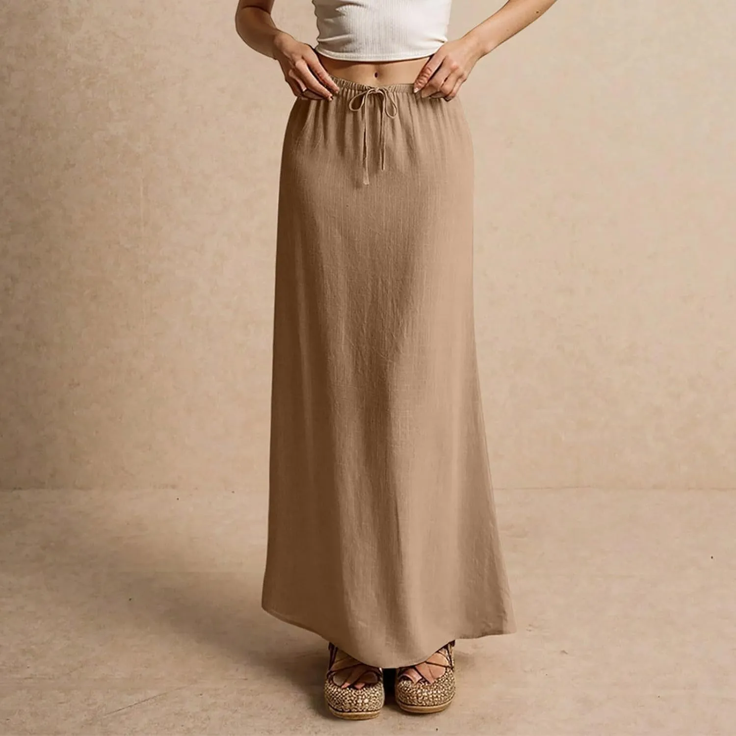 Linen Long Skirts for Women Trendy Summer Drawstring A Line Solid Maxi Skirts Beach Vacation Boho Flowy Skirts