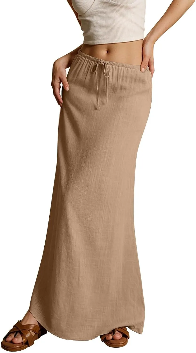 Linen Long Skirts for Women Trendy Summer Drawstring A Line Solid Maxi Skirts Beach Vacation Boho Flowy Skirts