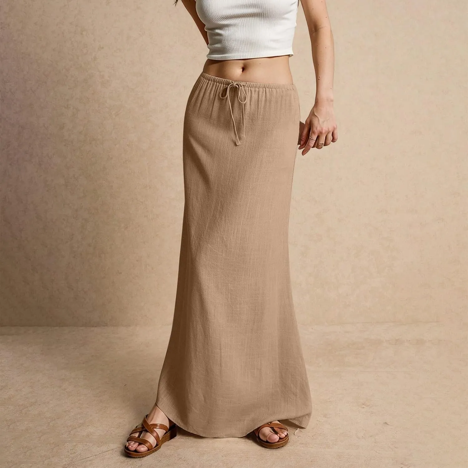 Linen Long Skirts for Women Trendy Summer Drawstring A Line Solid Maxi Skirts Beach Vacation Boho Flowy Skirts