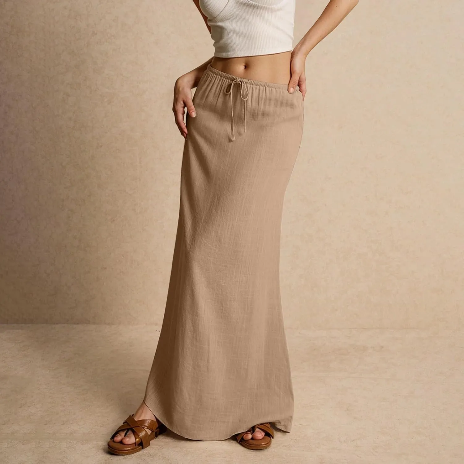 Linen Long Skirts for Women Trendy Summer Drawstring A Line Solid Maxi Skirts Beach Vacation Boho Flowy Skirts