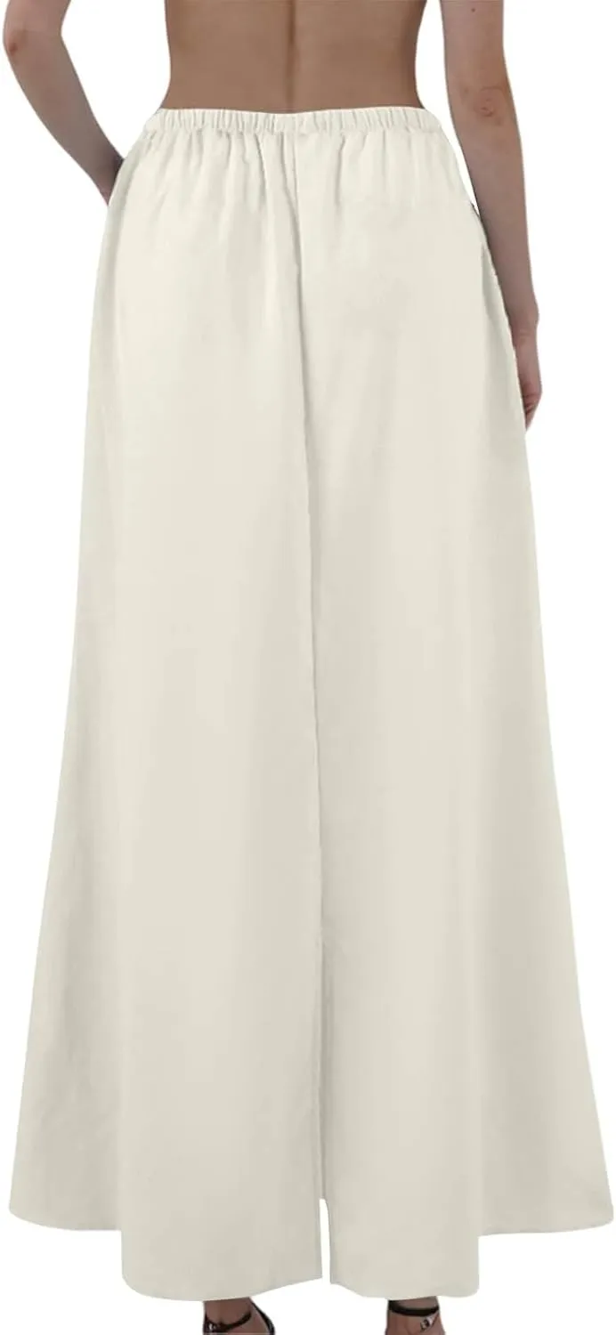 Linen Maxi Skirts for Women 2025 Drawstring Elastic Waist Back Slit Pencil Skirt Summer Long Flowy Skirt with Pockets