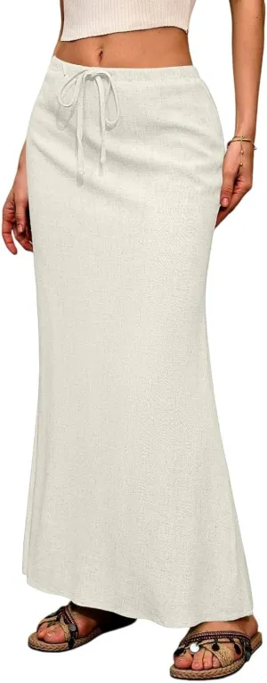 Linen Maxi Skirts for Women 2025 Drawstring Elastic Waist Back Slit Pencil Skirt Summer Long Flowy Skirt with Pockets
