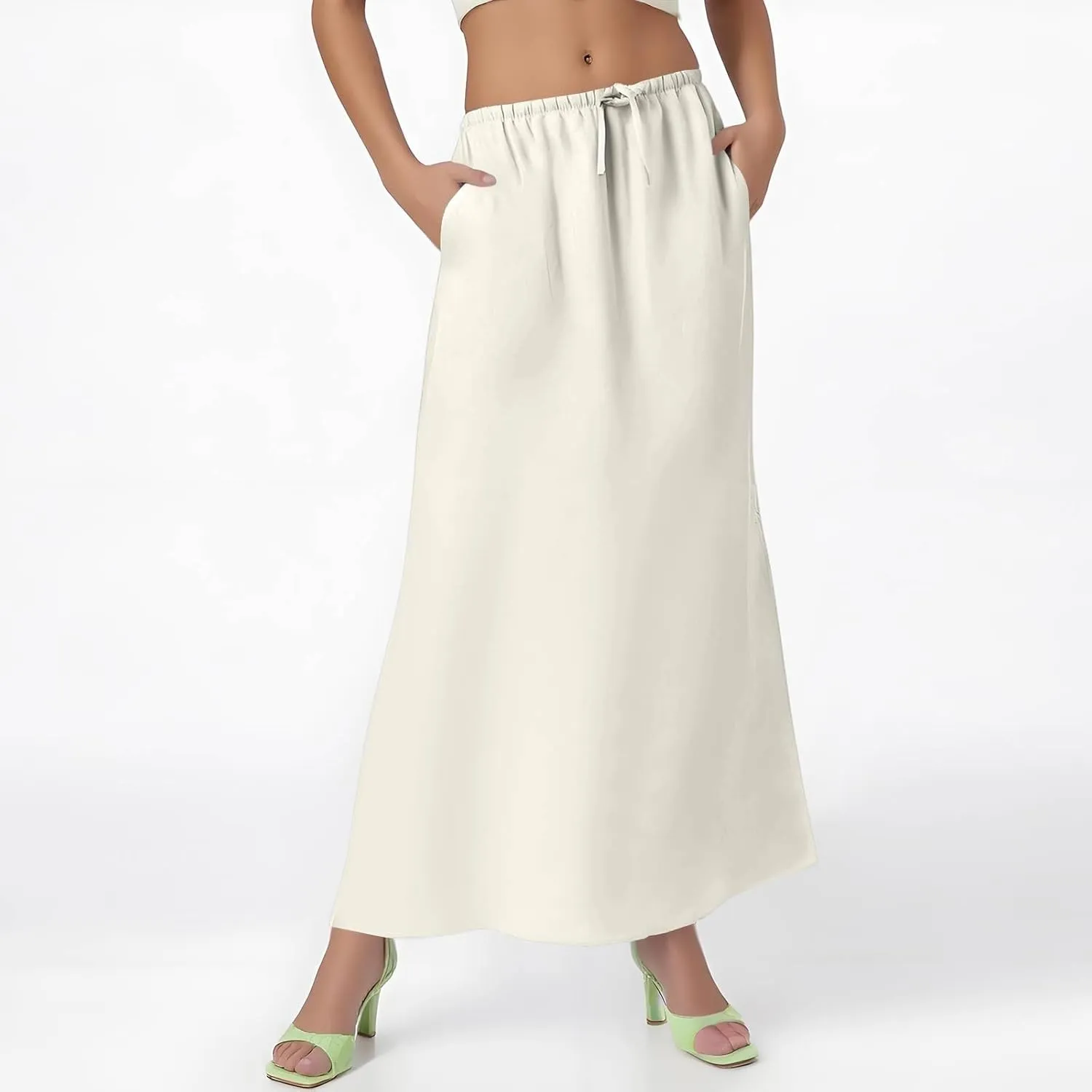 Linen Maxi Skirts for Women 2025 Drawstring Elastic Waist Back Slit Pencil Skirt Summer Long Flowy Skirt with Pockets