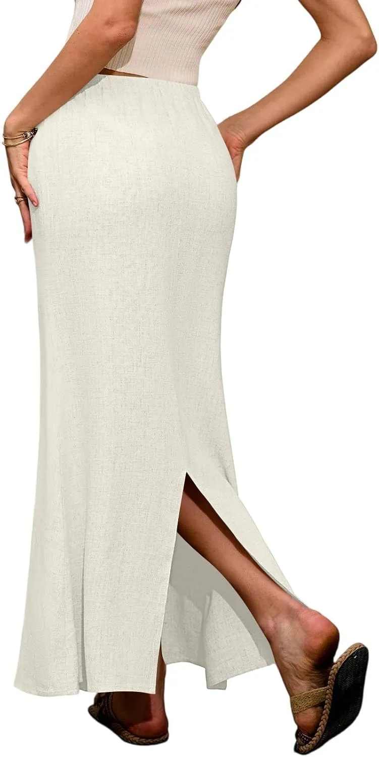 Linen Maxi Skirts for Women 2025 Drawstring Elastic Waist Back Slit Pencil Skirt Summer Long Flowy Skirt with Pockets