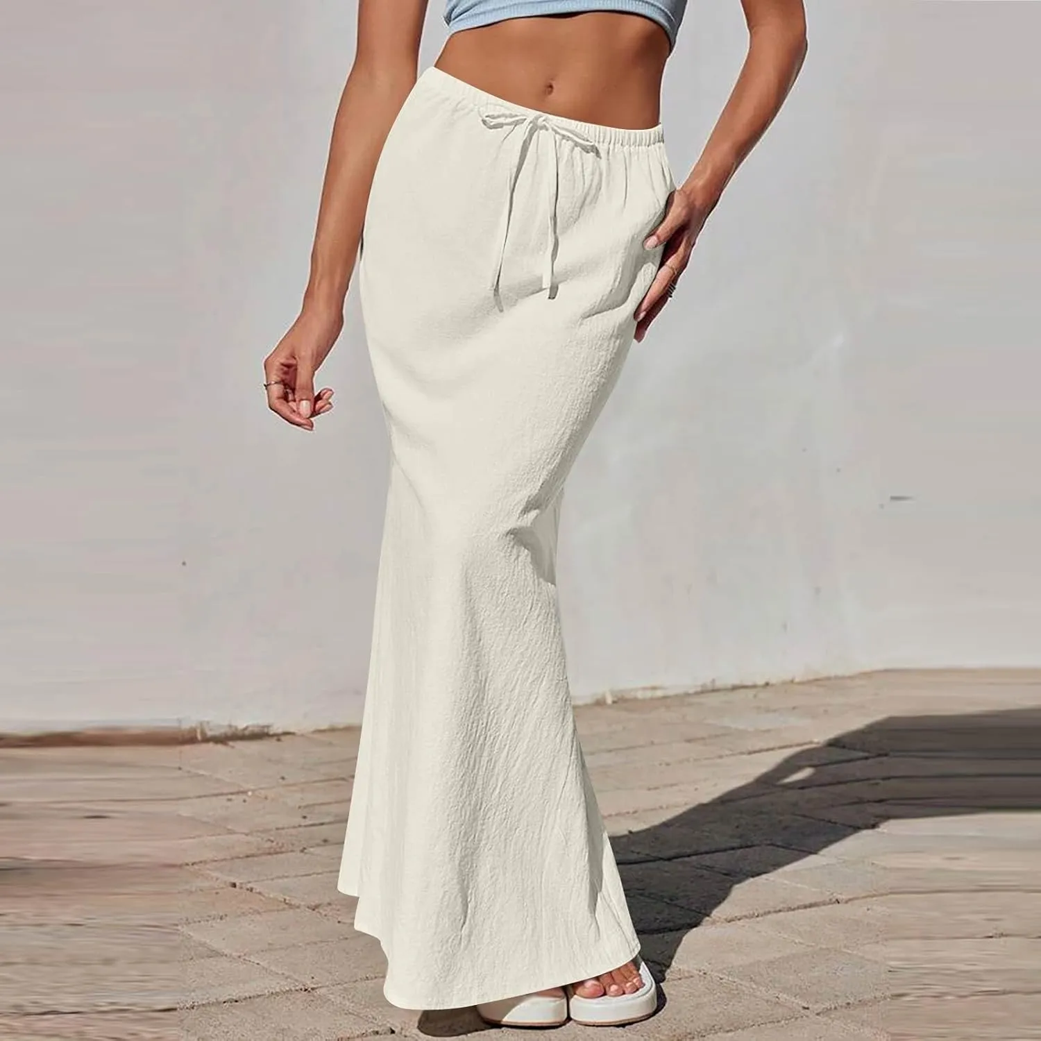 Linen Maxi Skirts for Women 2025 Drawstring Elastic Waist Back Slit Pencil Skirt Summer Long Flowy Skirt with Pockets